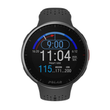 Polar Pacer Pro carbon grey GPS running watch showing a running test screen