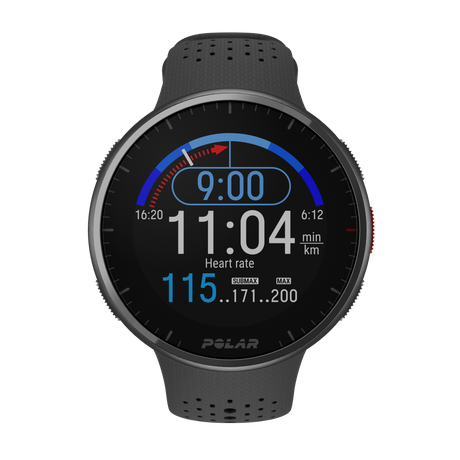 Polar Pacer Pro carbon grey GPS running watch showing a running test screen