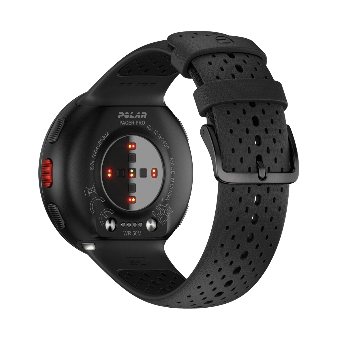 Polar Pacer Pro carbon grey GPS running watch, back view showing the heart rate sensor