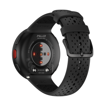 Polar Pacer Pro carbon grey GPS running watch, back view showing the heart rate sensor