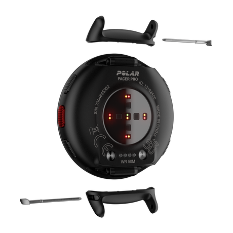 Polar Pacer Pro charging adapter clips shown with the watch
