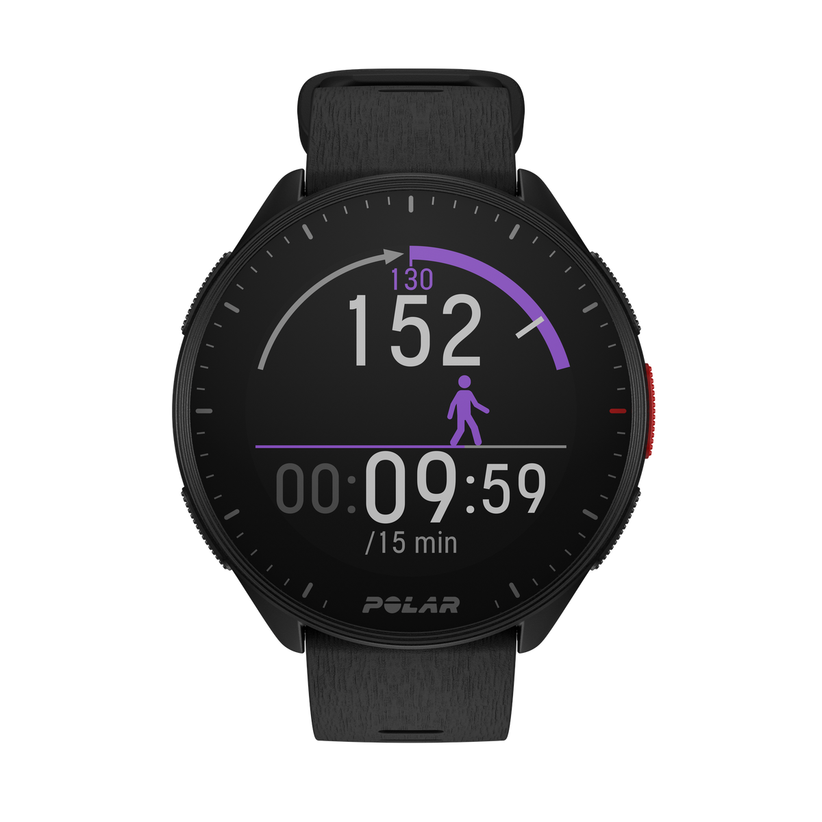 Polar Pacer black GPS running watch showing a walking test screen