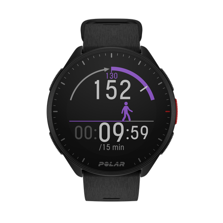 Polar Pacer black GPS running watch showing a walking test screen
