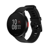 Polar Pacer black GPS running watch, front left view with time display