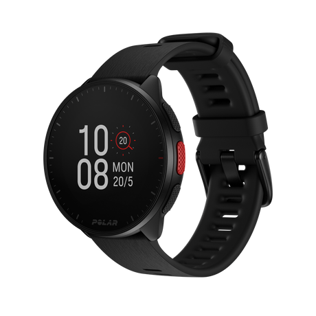 Polar Pacer black GPS running watch, front left view with time display