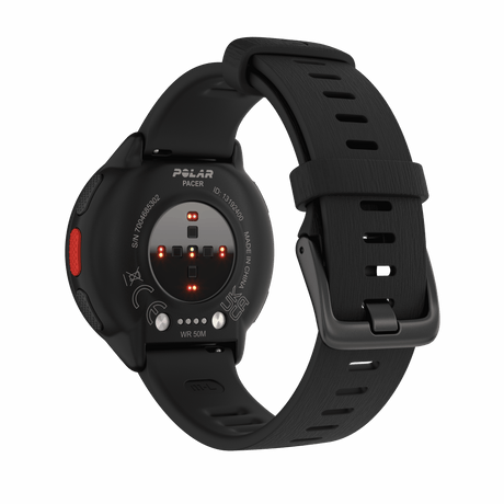 Polar Pacer black GPS running watch, back view showing the heart rate sensor