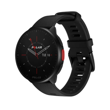 Polar Pacer black GPS running watch, angled view