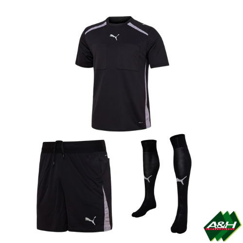 Puma Match Official short-sleeve referee kit bundle in black: shirt, shorts and socks