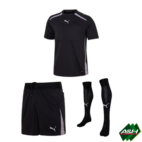 Puma Match Official short-sleeve referee kit bundle in black: shirt, shorts and socks