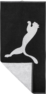 Puma large black and white towel with Puma logo, unfolded