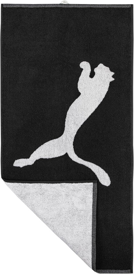 Puma large black and white towel with Puma logo, unfolded