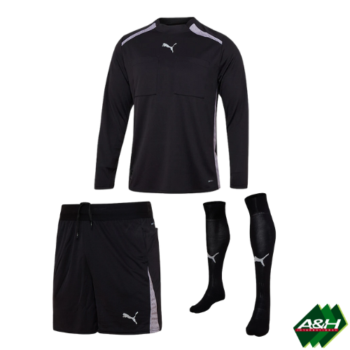 Puma Match Official long-sleeve referee kit bundle in black: shirt, shorts and socks