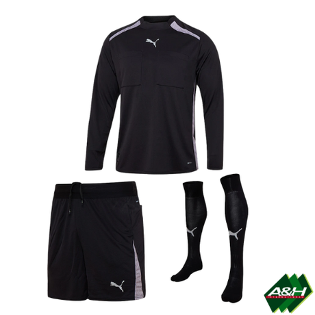 Puma Match Official long-sleeve referee kit bundle in black: shirt, shorts and socks