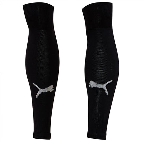 Pair of Puma black referee sleeve socks (footless) with white Puma logo