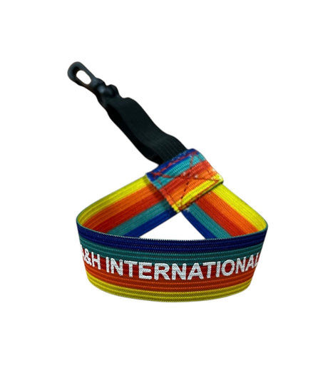A&H rainbow wrist lanyard with black clip, side view