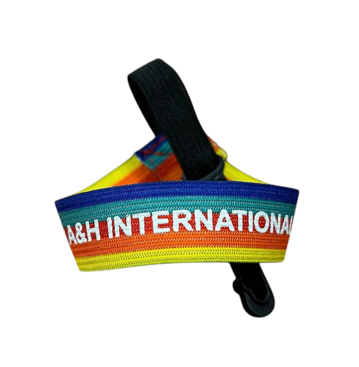 A&H rainbow wrist lanyard showing the A&H International text