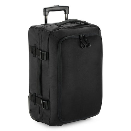 A&H black wheeled roller bag with extended handle, front view