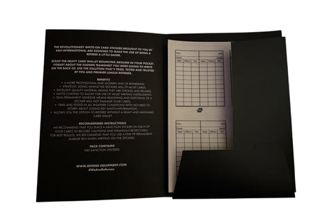A&H Write-On card stickers on a black match wallet