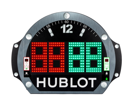 Pro substitution board with custom sponsor branding and clock design