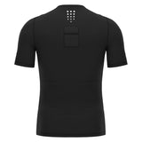 Macron UEFA black short-sleeve referee base layer, back view with communication kit pocket