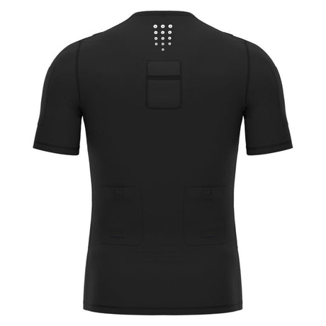 Macron UEFA black short-sleeve referee base layer, back view with communication kit pocket