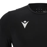 Close-up of the Macron logo on the black Macron UEFA referee base layer