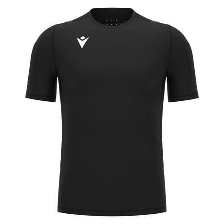 Macron UEFA black short-sleeve referee base layer with arm pockets, front view