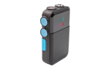 A black rectangular electronic device with a textured side, featuring light blue circular buttons, a blue vertical accent, and a small display with colorful icons, shown on a plain white background.