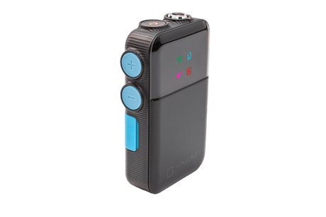 A black rectangular electronic device with a textured side, featuring light blue circular buttons, a blue vertical accent, and a small display with colorful icons, shown on a plain white background.
