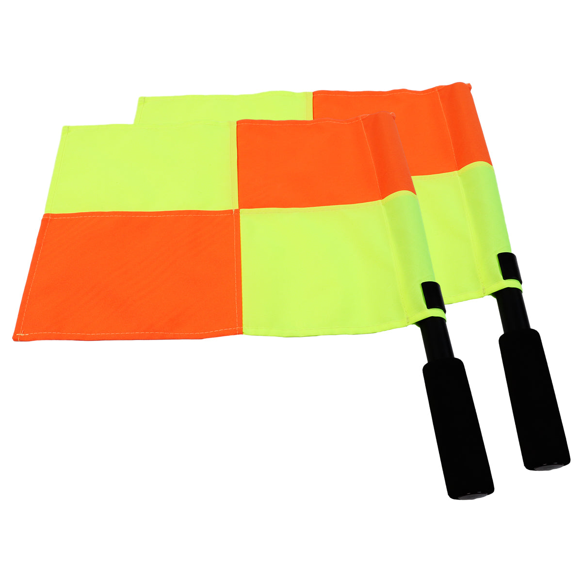 Pair of A&H red and yellow chequered referee assistant flags with black handles
