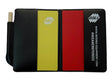 A&H black match wallet open, holding red and yellow cards and a pencil