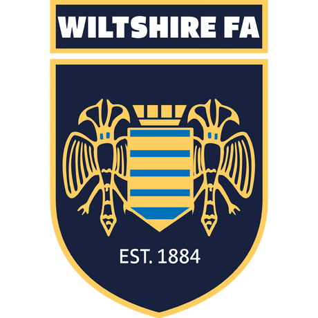 Wiltshire FA referee badge: gold bustards on a blue and gold shield, est. 1884