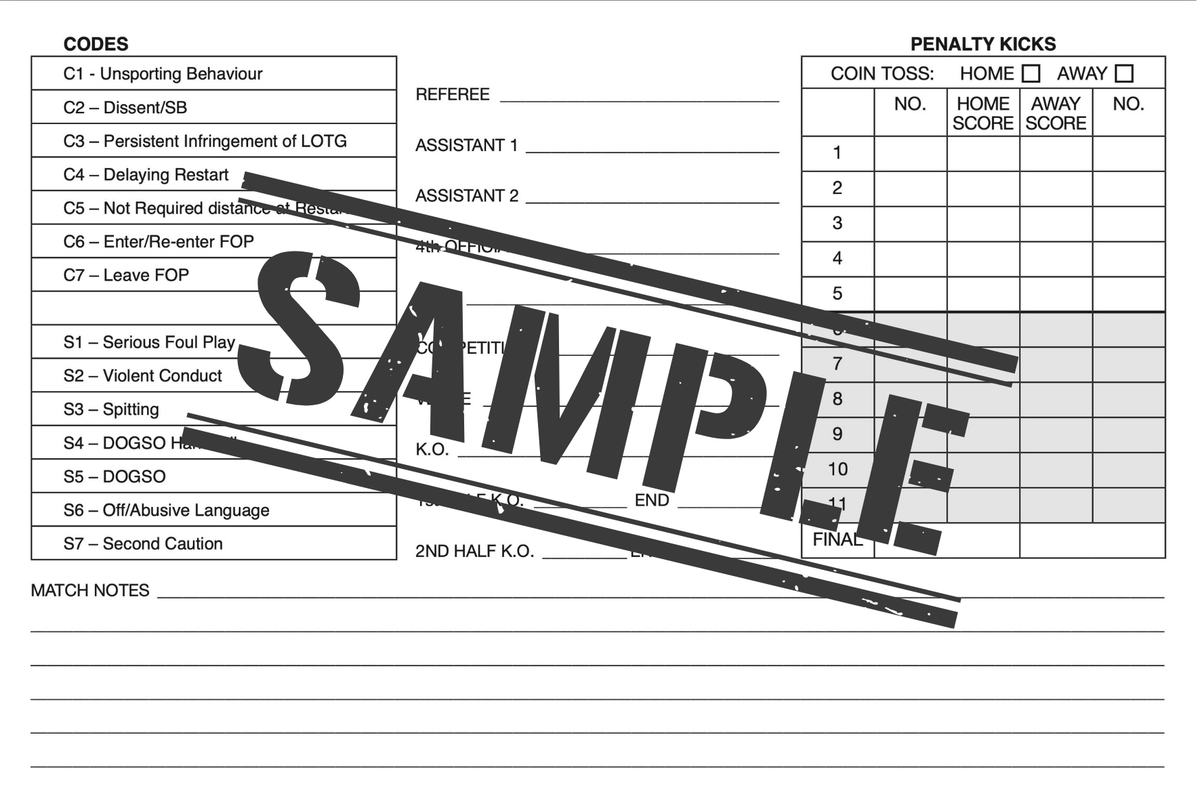 A&H double-sided referee match sheet, reverse side for match details (sample)