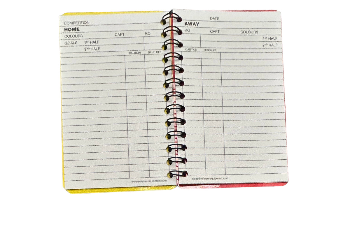 A&H referee notebook open, showing the match record pages