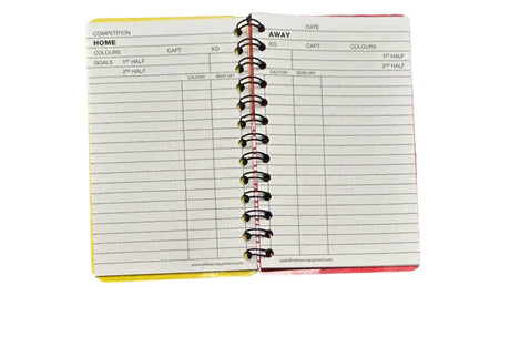 A&H referee notebook open, showing the match record pages