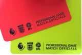 Custom printed red and yellow referee cards with Professional Game Match Officials text and competition logos