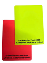 Custom printed red and yellow referee cards commemorating a cup final