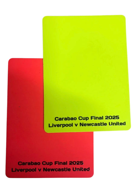 Custom printed red and yellow referee cards commemorating a cup final