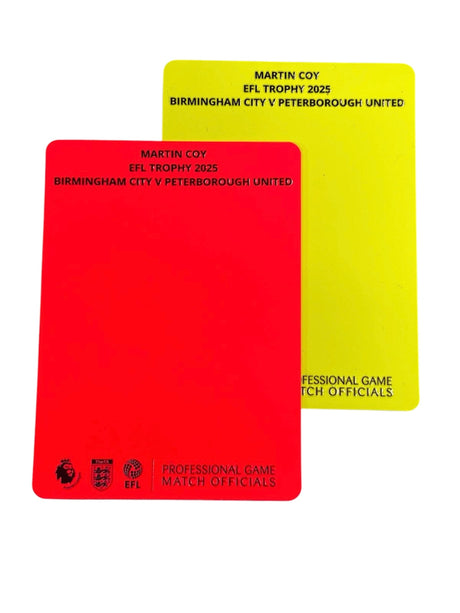 Custom printed red and yellow referee cards with match details