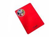 Custom printed red referee card with a club crest