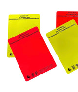 Examples of custom printed red and yellow referee cards