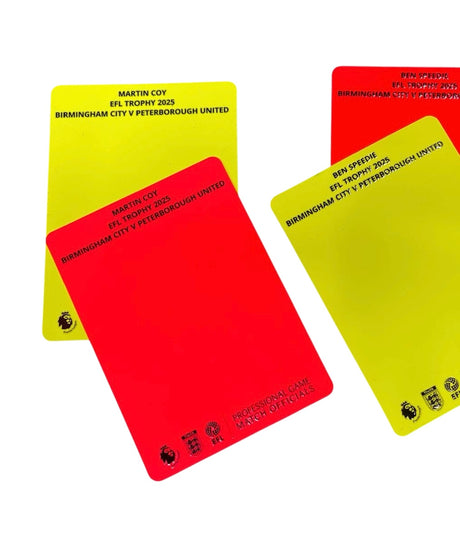 Examples of custom printed red and yellow referee cards