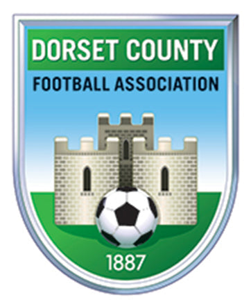 Dorset County FA referee badge: green shield with a castle and football, dated 1887