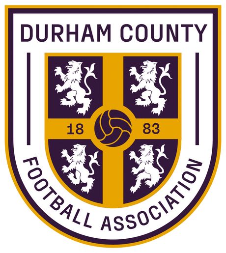 Durham County FA referee badge: purple and gold shield with four lions and a football, dated 1883
