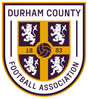 Durham County FA referee badge: purple and gold shield with four lions and a football, dated 1883