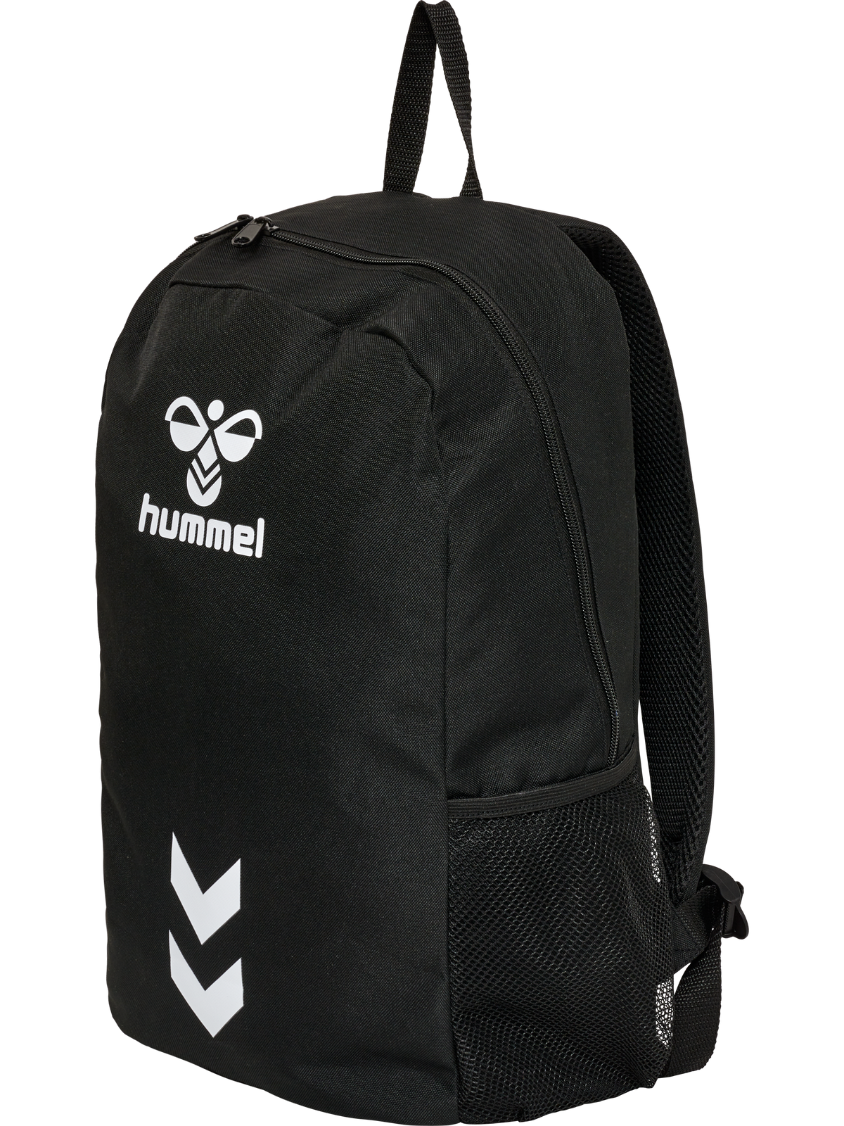 Hummel black backpack, angled view