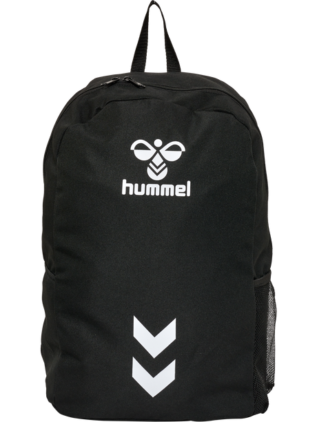 Hummel black backpack with white Hummel logo and chevrons, front view