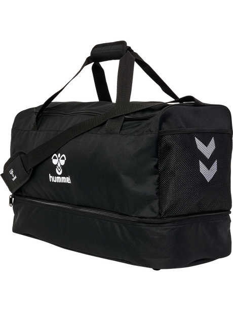 Hummel black 54-litre medium referee bag with white logo and chevrons