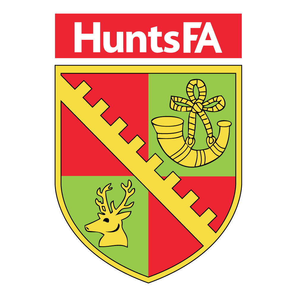 Hunts FA referee badge: red and yellow shield with a horn and a stag