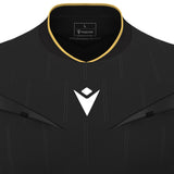 Close-up of the gold-trimmed collar and Macron logo on the black Macron Mendez referee shirt